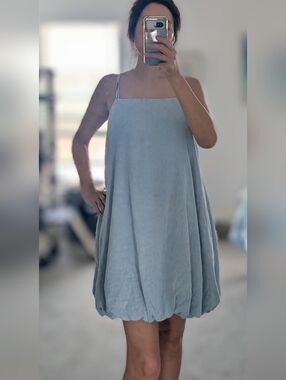 GAP Light Blue Washed Denim Spaghetti-Strap Bubble-Hem Mini Dress